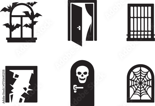 Spooky window door Halloween icon set silhouette vector