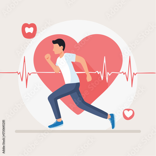 Healthy Lifestyle Concept Man Running with Heartbeat and Heart Symbol