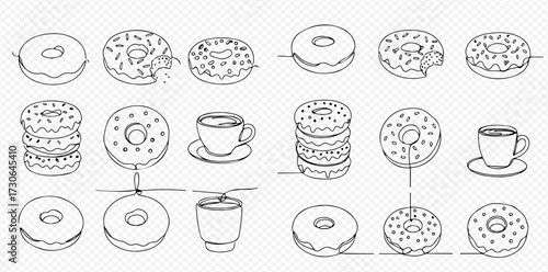 A collection of hand-drawn continuous line art illustrations featuring various donuts, some bitten or stacked, alongside coffee cups.