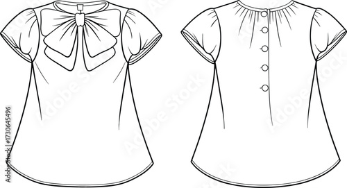 Vector fashion technical flat illustration of short sleeve blouse with bow neckline, puff sleeves, curved hem, button back design