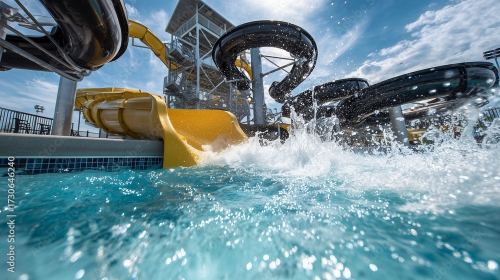 Naklejka premium Low angle shot of water splashing from yellow and black water slides into a bright blue pool, concept for summer recreation, vacation fun and outdoor family entertainment
