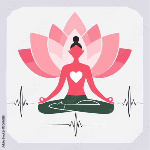 Vector graphic of a woman practicing yoga meditation in a lotus pose with a heart symbol and an EKG heartbeat line, representing health and wellness
