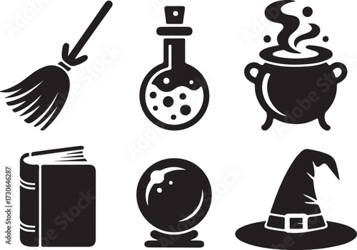 Witch supplies Halloween icon set silhouette vector