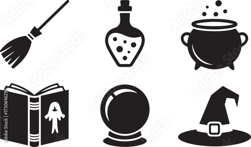 Witch supplies Halloween icon set silhouette vector