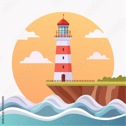 Vibrant flat vector illustration of a modern lighthouse on a coastal cliff, overseeing ocean waves under a warm sunset sky with soft clouds