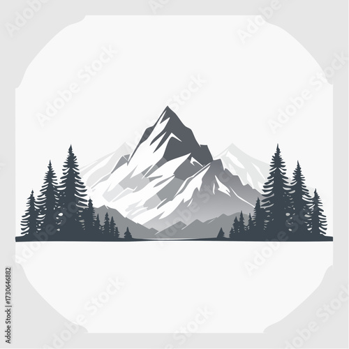 Majestic snow-capped mountain range illustration with evergreen trees, evoking a sense of natural grandeur and adventure in black and white