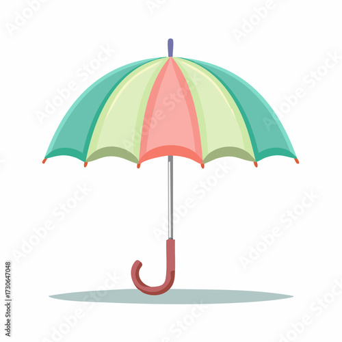 Cartoon illustration of a colorful umbrella with alternating green, yellow, and pink panels, and a curved handle.
