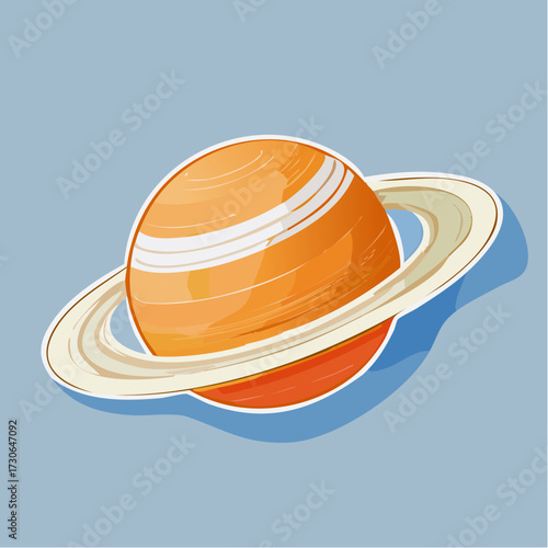 Vibrant Ringed Planet Illustration with Swirling Bands of Color Against a Soft Blue Background