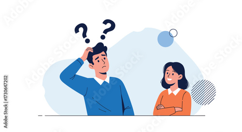 A man and a woman look confused with question marks over the man's head.