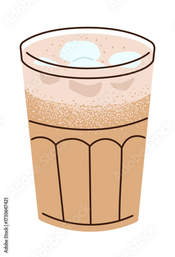 Latte iced coffee served in tall texture glass with frothy top and ice cubes. Flat cartoon style vector illustration isolated on white background