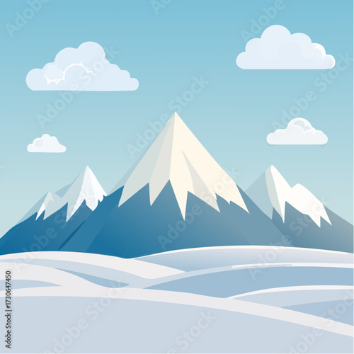 Stylized Mountain Range Illustration with Snowy Peaks and Cloud Accents