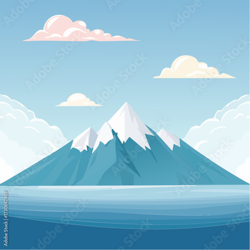 Serene mountain landscape with snow-capped peaks reflecting in calm blue water under a cloudy sky