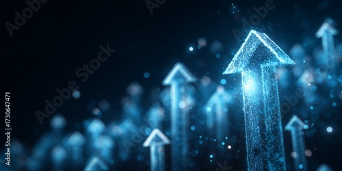 Abstract digital blue arrows pointing upward on dark backdrop with glowing particles. Concept for business growth, financial success and career advancement