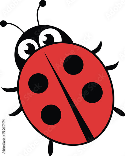 Top Down View of Cartoon Ladybug. Red Ladybug Vector with Black Spots. Cheerful Insect Illustration Isolated.
