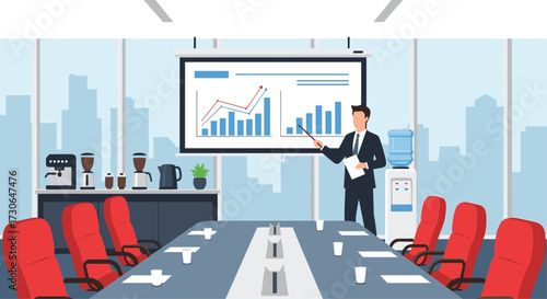 A businessman presents financial data in a modern conference room.