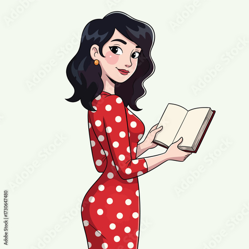 Elegant cartoon character of a woman in a red polka dot dress holding an open book.
