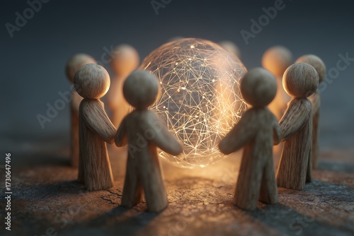 Wooden figures circle a glowing network sphere, depicting collaboration and unity in soft light. Concept for teamwork, community engagement and technological advancement