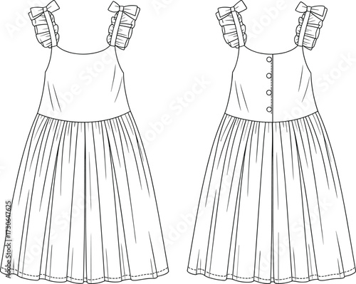 Fashion technical flat vector illustration of sleeveless dress with ruffle straps, bow detail, fitted bodice, gathered skirt, button back closure