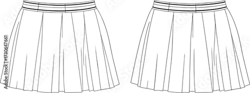 Fashion technical flat vector illustration of women dress with V neckline ruffle trim, puff sleeves, button front bodice, tiered skirt silhouette