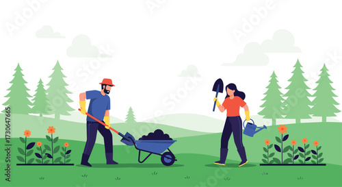 Two people are working together in a garden planting flowers and using a wheelbarrow.
