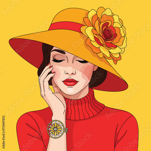 Elegant illustrated woman in a yellow sun hat with a large flower and red turtleneck.