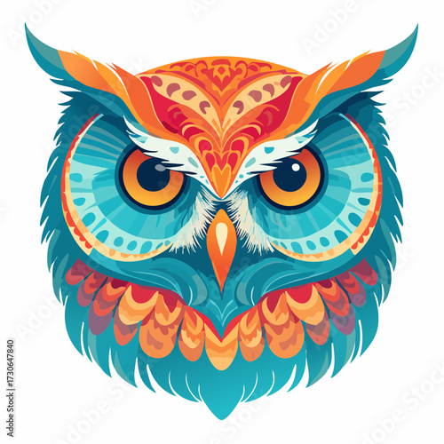 Vivid psychedelic owl head illustration with symmetrical ornate patterns in a bold color palette of turquoise and orange