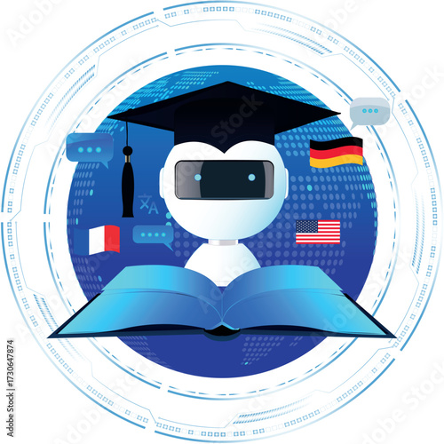 Futuristic chatbot with a world map in the background, an academic textbook, and the flags of France, Germany, and the United States, symbolizing multilingual learning and advanced digital education.