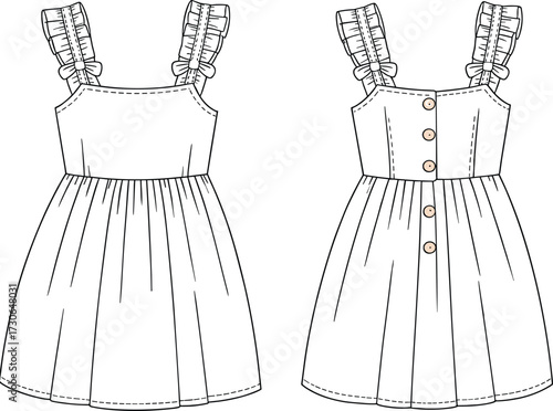 Fashion technical flat vector illustration of sleeveless dress with ruffle straps, fitted bodice, gathered skirt, button back closure design