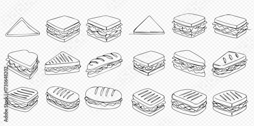 Line art illustration showcasing various sandwich types, including triangle, square, and panini shapes, arranged in a grid pattern.