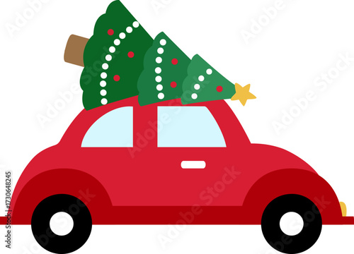 Red car carrying Christmas tree flat vector illustration isolated.
Transparent background.