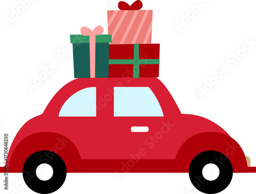 Red car carrying gift box flat vector illustration isolated.
Transparent background.
