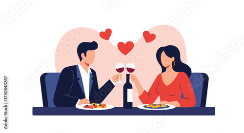 A couple toasting wine glasses during a romantic dinner date.