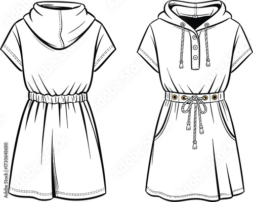 Women’s hooded romper fashion flat technical vector illustration with short sleeves, elastic waist, belted design, drawstring hood, pockets, casual style