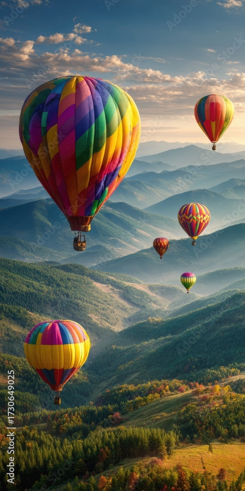 Obraz premium Colorful hot air balloons soaring over mountainous terrain under a blue sky