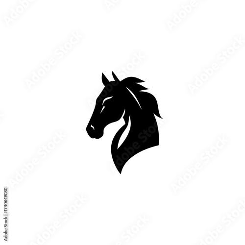 Majestic black horse head silhouette vector graphic illustration, powerful equine symbol design element on white background.