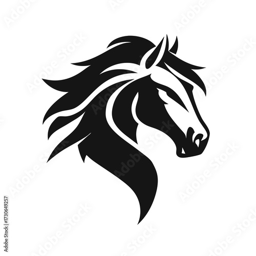 Powerful stylized black and white vector illustration of a horse head. Dynamic equine logo design element with flowing mane.