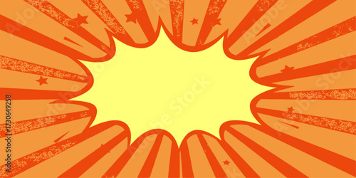 Pop art background. Comic pattern with speech bubble and starburst. Comic sound effect illustration retro style. Blank boom speech bubble. Duotone effect. Vintage gradient banner. Retro starburst 