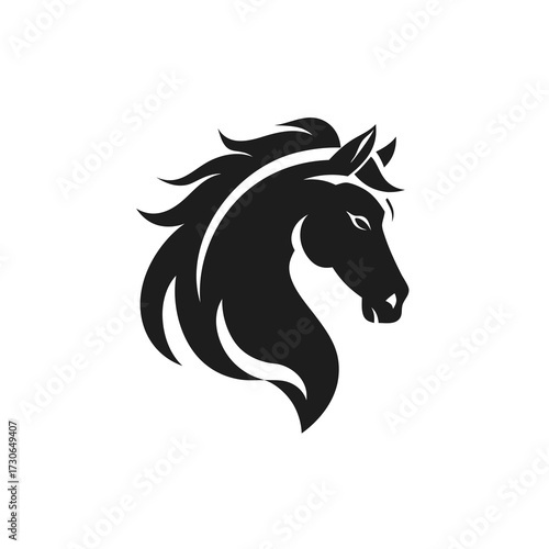 Majestic black horse head silhouette illustration, a powerful and elegant equine graphic symbol of strength, speed, and freedom.