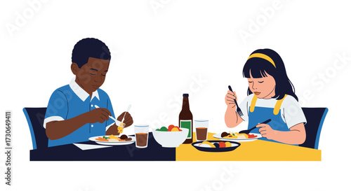 Children enjoying a shared meal together at a table.