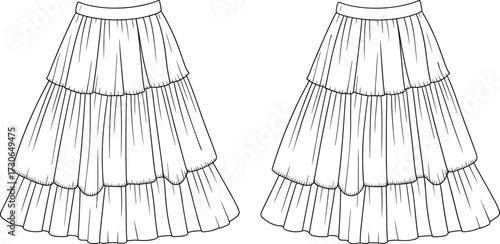 Women’s tiered skirt fashion flat technical vector illustration with layered design, pleated gathers, flared silhouette, garment construction drawing template