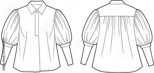 Vector flat fashion sketch of blouse with classic shirt collar, puff long sleeves, button placket, gathered yoke detail, curved hem design