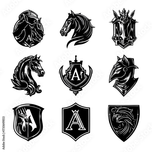 Vintage Heraldry Emblems: Horse Head, Knight Helmet, and Shield Vector Collection with Initial Letter A in Monochrome Style