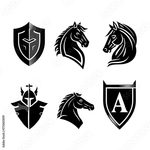 Collection of black vector emblems featuring majestic horse heads, medieval knight helmets, and heraldic shields, ideal for logo designs and graphic assets