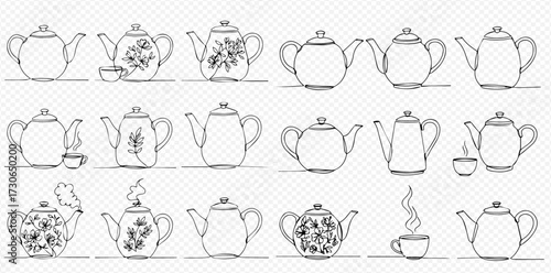 A collection of hand-drawn teapots and tea cups in various styles, some with floral patterns and steam.