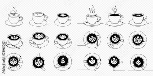 Line art illustration featuring various coffee cups with latte art, side views, and top-down perspectives.