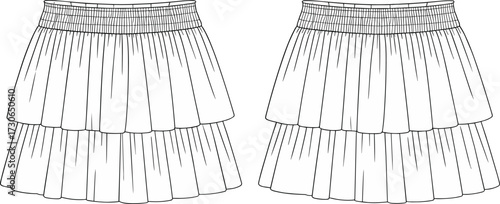 Vector flat fashion sketch of tiered skirt with elastic waistband, three gathered layers, ruffle design, flared silhouette, garment illustration
