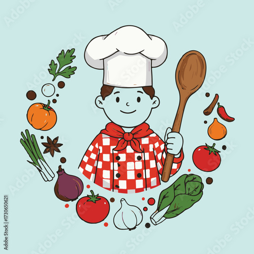 Cheerful chef surrounded by fresh ingredients and cooking spoon