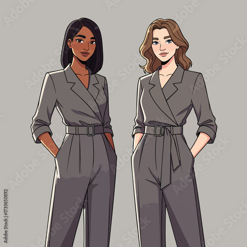 Illustration of two diverse confident women wearing professional grey belted jumpsuits.