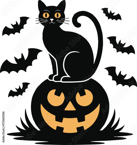 Halloween black cat pumpkin silhouette vector