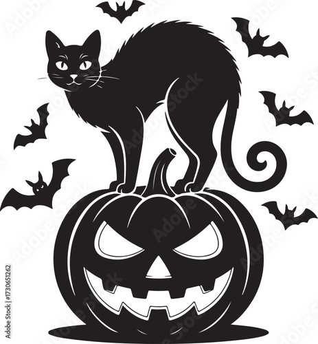 Halloween black cat pumpkin silhouette vector